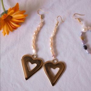 Handmade Pink Pearl & Gold Heart Earrings